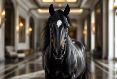 The primary subject of the image is a horse standing in a hallway. The setting is indoors, with a hallway visible in the background. The visual style appears to be a photo, capturing the horse in its natural environment. The horse is the main focus of the image, and its presence creates a sense of depth and contrast against the indoor setting.