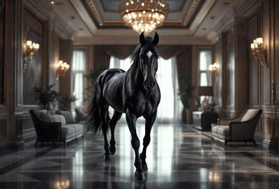 The primary subject of the image is a horse walking through a large, ornate room. The setting includes a grand hallway with a chandelier hanging from the ceiling, and a potted plant placed nearby. The visual style of the image is a combination of photo and digital art, creating a realistic yet artistic representation of the horse in the room. The colors and mood of the image are predominantly dark, with the horse being the main focal point, and the room's ornate decorations adding