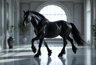 Primary subject: A black horse walking on a white marble floor.

Setting/background: The horse is walking in a large, white, and empty room.

Visual style: The image is a digital art or illustration of a horse.

Colors and mood: The dominant colors are black and white, creating a contrasting and elegant atmosphere.