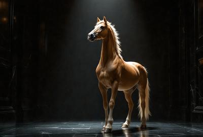 The primary subject of the image is a brown horse standing in a dark room. The horse is the main focus of the image, and it appears to be the only object in the scene. The setting is a dark room, and the visual style is a photo. The dominant colors in the image are brown and black, creating a moody atmosphere.