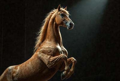 Primary subject: A brown horse with a flowing mane.

Setting/background: The horse is standing in a dark room, with a bright light shining on it.

Visual style: The image is a black and white photo.

Colors and mood: The dominant colors are black and white, creating a dramatic and moody atmosphere.