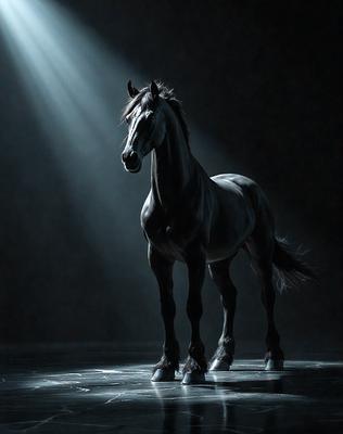 Primary subject: A horse standing in a dark room.

Setting/background: The horse is standing on a dark surface, possibly a stage or a dark room.

Visual style: The image is a black and white photo.

Colors and mood: The image has a moody and dramatic atmosphere, with the horse being the main focus.
