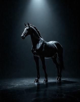 Primary subject: A black horse standing in a dark room.

Setting/background: The horse is standing on a black surface, which could be a floor or a stage.

Visual style: The image is a black and white photo.

Colors and mood: The black and white photo creates a dramatic and moody atmosphere.
