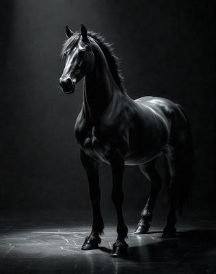 Primary subject: A black horse standing in a dark room.

Setting/background: The horse is standing on a dark grey floor, with a black and white background.

Visual style: The image is a black and white photo.

Colors and mood: The dominant colors are black and white, creating a moody and dramatic atmosphere.