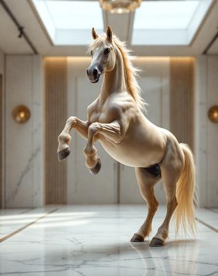 The primary subject of the image is a horse, which is the main focus of the scene. The horse is standing in a large, open room with a white background. The visual style of the image is a photo, capturing the horse in its natural environment. The colors and mood of the image are predominantly white, giving it a clean and serene atmosphere.