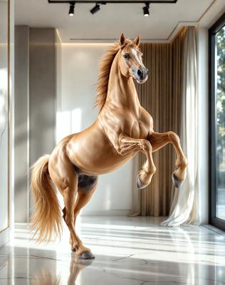 The primary subject of the image is a brown horse with a flowing mane, standing in a room with a white wall. The horse appears to be in motion, possibly running or galloping. The setting is indoors, with a window visible in the background. The visual style of the image is a combination of photo and digital art, creating a realistic yet artistic representation of the horse. The colors in the image are predominantly brown and white, giving the scene a warm and natural atmosphere.