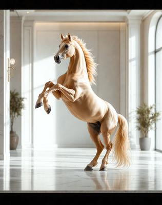 The primary subject of the image is a brown horse standing in a room. The horse is positioned in the center of the scene, and it appears to be walking or running. The setting is a room with a white wall, and the visual style is a photo. The colors in the image are predominantly white and brown, creating a calm and natural atmosphere.