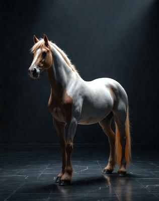 Primary subject: A brown and white horse standing in a dark room.

Setting/background: The horse is standing on a dark surface, possibly a floor or a stage.

Visual style: The image is a black and white photo.

Colors and mood: The dominant colors are black and white, creating a moody and dramatic atmosphere.