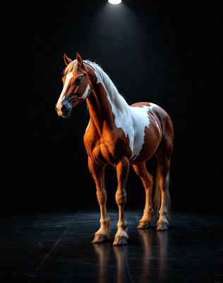 Primary subject: A brown and white horse standing in a dark room.

Setting/background: The horse is standing on a black surface, which could be a floor or a background.

Visual style: The image is a photo of the horse.

Colors and mood: The horse has a brown and white coat, and the overall atmosphere of the image is dark and moody.