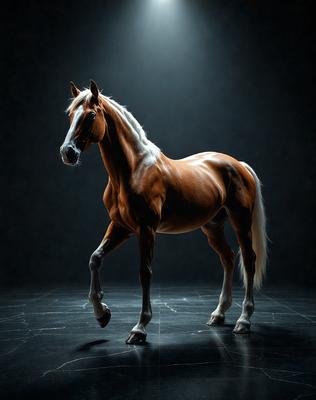 Primary subject: A brown horse with a white face.

Setting/background: A dark room with a light source shining on the horse.

Visual style: A black and white photo of the horse.

Colors and mood: The horse is the main focus, and the black and white photo creates a dramatic and timeless atmosphere.