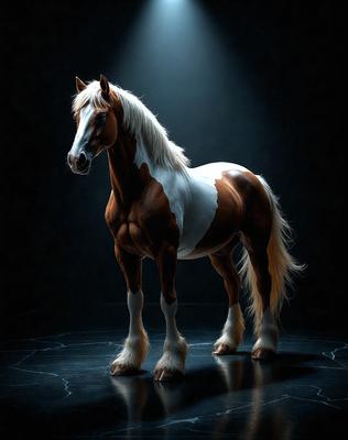 The primary subject of the image is a brown and white horse standing in a dark room. The horse is the main focus of the image, and it appears to be the only object in the scene. The setting is a dark room, which contrasts with the horse's white and brown colors. The visual style of the image is a photo, capturing the horse in its natural environment. The colors and mood of the image are dark and moody, with the horse standing out as the main subject.