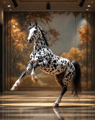 Primary subject: A spotted horse with a black mane and tail, standing on a wooden floor.

Setting/background: The horse is standing in front of a painting, which serves as the backdrop for the scene.

Visual style: The image is a digital artwork, featuring a detailed and realistic representation of the horse.

Colors and mood: The horse is predominantly white with black spots, and the painting in the background adds a warm and vibrant touch to the scene. The