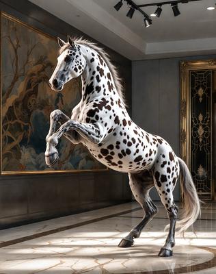 The primary subject of the image is a spotted horse standing in a room. The setting is a room with a painting in the background, and the visual style appears to be a combination of photo and digital art. The horse is the main focus of the image, and its spotted pattern adds a unique and eye-catching element to the scene. The colors in the image are predominantly white and brown, giving the horse a natural and earthy appearance.