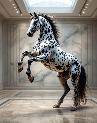 The primary subject of the image is a white and black spotted horse. The horse is standing in a room with a marble wall, which serves as the setting for the scene. The visual style of the image is a digital art or illustration, as it depicts a lifelike representation of the horse. The dominant colors in the image are white and black, creating a striking contrast against the marble wall. The overall atmosphere of the image is elegant and sophisticated, as it showcases the beauty and grace of the