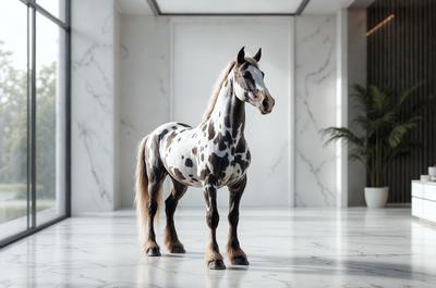 Primary subject: A spotted horse standing in a white room.

Setting/background: The horse is standing in a white room, which appears to be a marble-covered space.

Visual style: The image is a photo of the horse in the white room.

Colors and mood: The dominant colors in the image are white and black, creating a clean and minimalist atmosphere.
