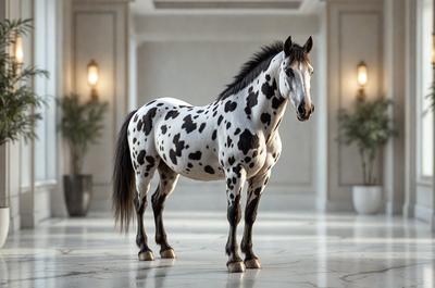 Primary subject: A spotted horse standing in a room.

Setting/background: The horse is standing in a room with a white wall and a potted plant nearby.

Visual style: The image is a photo of the horse.

Colors and mood: The horse has a black and white spotted pattern, and the overall atmosphere of the image is calm and serene.