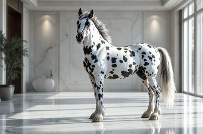 The primary subject of the image is a white and black spotted horse standing on a marble floor. The setting is a room with a white wall, and the visual style appears to be a photo. The horse's colors and mood create a striking contrast against the white background, giving the image a unique and eye-catching appearance.