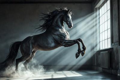 The primary subject of the image is a horse, which is captured in mid-leap. The horse is the main focus of the image, and it appears to be in motion, possibly jumping over an obstacle. The setting is a room with a window, and the visual style is a combination of photo and digital art. The colors in the image are predominantly dark, with the horse's body being a mix of black and brown. The overall atmosphere of the image is dynamic and energetic, as the horse demonstrates
