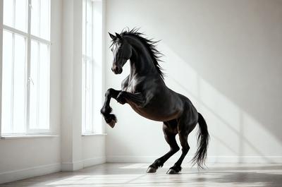 Primary subject: A black horse with a mane standing in a white room.

Setting/background: The horse is standing in a white room, which appears to be a studio or a room with a window.

Visual style: The image is a photo of the horse in the white room.

Colors and mood: The dominant colors are white and black, creating a clean and minimalist atmosphere.