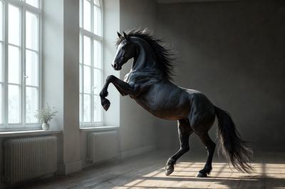 Primary subject: A horse with a flowing mane and tail, standing in a room with a window.

Setting/background: The horse is standing in a room with a window, and there is a potted plant nearby.

Visual style: The image is a black and white photo.

Colors and mood: The mood of the image is dramatic and artistic, with the horse's silhouette and the contrasting light and shadow creating a striking visual effect.
