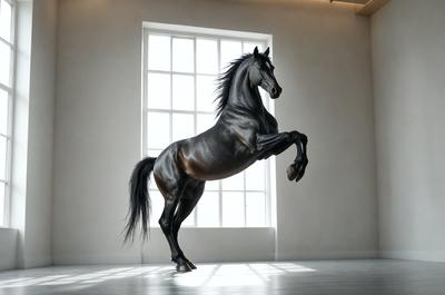 Primary subject: A horse.
Setting/background: A white room with a window.
Visual style: Digital art.
Colors and mood: The horse is black, and the overall atmosphere is dramatic and powerful.