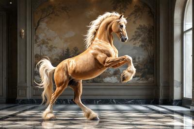 The primary subject of the image is a brown horse with a flowing mane, standing in a room with a marble floor. The horse appears to be in motion, possibly running or galloping. The setting is a room with a marble floor, which adds to the elegance and sophistication of the scene. The visual style of the image is a combination of photo and digital art, creating a realistic yet artistic representation of the horse. The colors and mood of the image are warm and inviting, with
