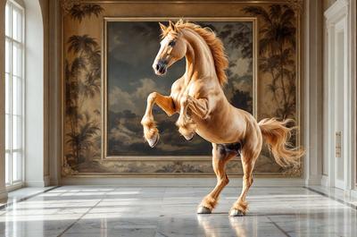 The primary subject of the image is a brown horse with a flowing mane, standing in a room with a large painting in the background. The horse appears to be in motion, possibly dancing or running. The setting is a room with a marble floor, and the visual style is a combination of photo and digital art. The colors in the image are predominantly brown and white, creating a warm and natural atmosphere.