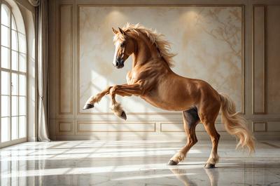 Primary subject: A brown horse with blonde hair, standing on a marble floor.

Setting/background: The horse is standing in front of a marble wall, which adds a sophisticated and elegant touch to the scene.

Visual style: The image is a digital artwork, showcasing the horse in a realistic and detailed manner.

Colors and mood: The horse's brown color and the marble wall create a warm and luxurious atmosphere in the scene.