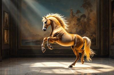 The primary subject of the image is a horse, which is the main focus of the scene. The horse is standing in a room with a painting in the background, creating a unique and artistic setting. The visual style of the image is a combination of photo and digital art, giving it a realistic yet artistic appearance. The horse is the main subject, and its presence in the room adds a sense of movement and life to the scene. The colors and mood of the image are warm and inviting, with the horse's golden