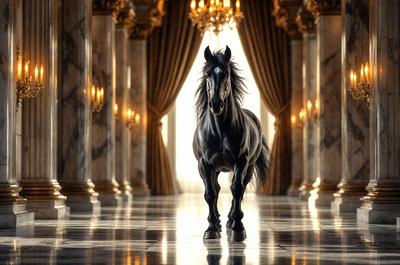Primary subject: A horse standing in a hallway.

Setting/background: The horse is standing in a hallway with a marble floor. The hallway is adorned with chandeliers, giving the scene an elegant and sophisticated atmosphere.

Visual style: The image is a digital artwork, featuring a horse in a grand hallway.

Colors and mood: The colors in the image are predominantly neutral, with the marble floor and chandeliers adding a touch