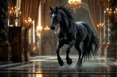 Primary subject: A black horse running on a marble floor.

Setting/background: The horse is running in a large, ornate room with a marble floor.

Visual style: The image is a digital art or illustration of a horse running.

Colors and mood: The image has a dark and dramatic atmosphere, with the black horse as the main focus.