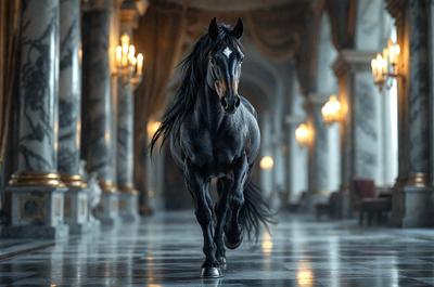 Primary subject: A horse walking down a hallway.

Setting/background: The horse is walking down a hallway in a building, possibly a palace or a mansion.

Visual style: The image is a black and white photo.

Colors and mood: The mood of the image is dramatic and elegant, as the horse is the main focus and the setting is a grand hallway.
