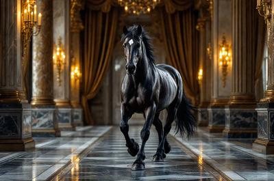 Primary subject: A black horse walking on a marble floor.

Setting/background: The horse is walking in a large, ornate room with a marble floor. The room has a grand and luxurious atmosphere.

Visual style: The image is a digital art or illustration of the horse walking in the room.

Colors and mood: The room has a predominantly white color scheme, giving it a clean and elegant appearance. The black horse adds a contrasting element to the scene, creating a