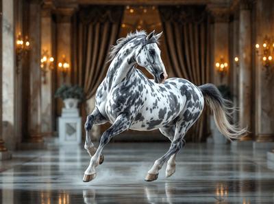Primary subject: A spotted horse.

Setting/background: A large, ornate room with a marble floor.

Visual style: A photo of the horse in motion.

Colors and mood: The horse is white and black, and the overall atmosphere is dynamic and energetic.