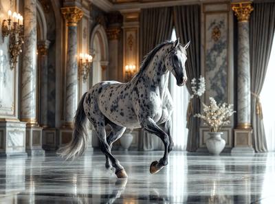 Primary subject: A spotted horse.

Setting/background: A large, ornate room with a marble floor.

Visual style: Digital art.

Colors and mood: The horse is white and black, and the overall atmosphere is elegant and majestic.