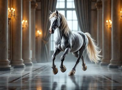 Primary subject: A horse running indoors.

Setting/background: The horse is running in a room with a large window, a chandelier, and a marble floor.

Visual style: The image is a digital art or illustration.

Colors and mood: The image has a sepia tone, giving it a warm and nostalgic atmosphere.