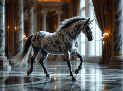 Primary subject: A gray and white spotted horse.

Setting/background: A large, well-lit room with a marble floor.

Visual style: A digital art or illustration of the horse.

Colors and mood: The horse has a gray and white spotted pattern, and the overall atmosphere is elegant and majestic.