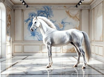 Primary subject: A white horse standing in a room.

Setting/background: The horse is standing in a room with a white marble floor. The room has a white wall with a painting of a horse on it.

Visual style: The image is a digital art of a white horse.

Colors and mood: The room has a white color scheme, giving it a clean and minimalistic appearance. The white horse adds a sense of elegance and grace to the scene.
