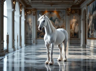The primary subject of the image is a white horse standing in a large, ornate room. The setting includes a marble floor and a large painting on the wall. The visual style of the image is a photo, capturing the horse in its natural environment. The colors and mood of the image are predominantly white, giving it a clean and elegant appearance.