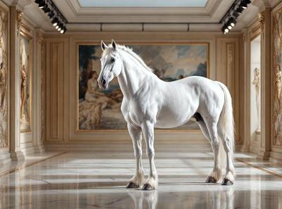 The primary subject of the image is a white horse standing in a large, empty room. The setting appears to be a museum or a similar indoor space, as there is a painting on the wall behind the horse. The visual style of the image is a photo, capturing the horse in its natural environment. The colors in the image are predominantly white, giving the scene a clean and minimalist appearance.