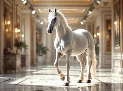 The primary subject of the image is a white horse standing in a hallway. The setting is indoors, with a large white room visible in the background. The visual style appears to be a photo, capturing the horse in its natural environment. The colors in the image are predominantly white, giving the scene a clean and elegant atmosphere.