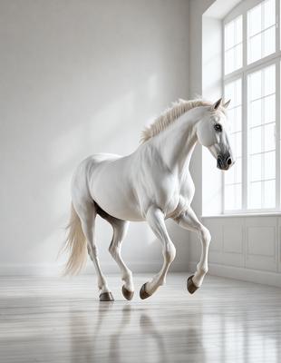 Primary subject: A white horse with a flowing mane, standing in a white room.

Setting/background: The horse is standing in a white room, which appears to be a studio or a room with a window.

Visual style: The image is a digital art or illustration of a white horse.

Colors and mood: The image is predominantly white, giving it a clean and minimalist appearance. The horse's white fur and the white room create a sense of purity and elegance