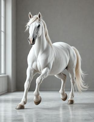 Primary subject: White horse
Setting/background: White wall
Visual style: Digital art
Colors and mood: White and clean