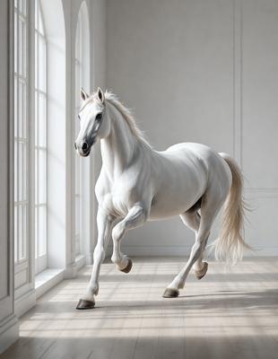 Primary subject: A white horse with a black mane and tail, standing in a room.

Setting/background: The horse is standing in a room with a white wall, and there is a window nearby.

Visual style: The image is a digital art or illustration of a white horse.

Colors and mood: The image has a predominantly white color scheme, giving it a clean and serene atmosphere.