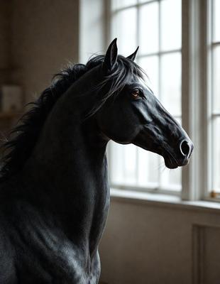Primary subject: A black horse with a white nose.

Setting/background: The horse is standing in front of a window, with a white wall visible in the background.

Visual style: The image is a black and white photo.

Colors and mood: The dominant colors are black and white, creating a classic and timeless atmosphere.
