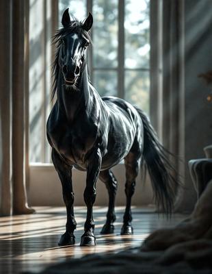 The primary subject of the image is a black horse standing in a room. The horse is positioned in the center of the scene, and it appears to be looking at the camera. The setting is indoors, with a window visible in the background. The visual style of the image is a combination of photo and digital art, creating a realistic yet artistic representation of the horse. The dominant colors in the image are black and white, with the horse being the main focus and the room having a neutral color palette. The overall atmosphere