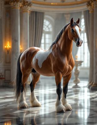 The primary subject of the image is a brown and white horse standing in a room. The horse is positioned in the center of the scene, and it appears to be the main focus of the image. The setting is a room with a large window, and the visual style is a combination of photo and digital art. The colors in the image are predominantly brown and white, giving the scene a warm and natural atmosphere.