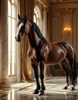 The primary subject of the image is a brown horse standing in a room with a marble floor. The horse is positioned in the center of the room, and it appears to be the main focus of the image. The setting is a room with a marble floor, and the visual style is a photo. The colors in the image are predominantly brown, and the overall atmosphere is elegant and sophisticated.
