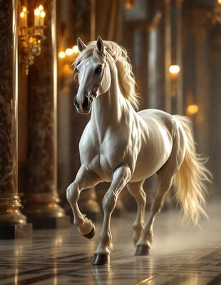 The primary subject of the image is a white horse with blonde hair, standing in a hallway. The setting is a hallway with a marble floor, and the visual style appears to be a photo. The horse is the main focus of the image, and its white color and blonde mane create a sense of elegance and grace. The overall atmosphere of the image is one of beauty and serenity.
