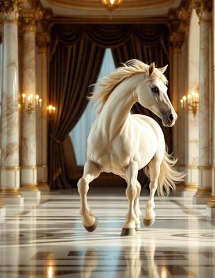 The primary subject of the image is a white horse with a flowing mane, standing in a grand hallway. The setting is a palace, with a marble floor and elegant columns. The visual style is a combination of photo and digital art, creating a realistic yet artistic representation of the horse. The colors and mood of the image are predominantly white and elegant, reflecting the grandeur of the palace.